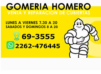 Teleguia Gomeria HOmero - Venta y reparacion de neumaticos - Abierto todos los dias Calle 69-3555 Tel.2262-476445